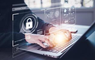 Cyber security and Security password login online concept Hands typing and touch ID username and password of social media, log in with computer to online Important information, data protection hacker photo
