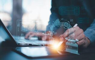 Industrial Engineer and AI, Artificial Intelligence concept, Manager Technical Industrial Engineer people and control robotics with monitoring system software and icon industry, Car EV technology photo