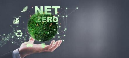 hand with icons Net Zero and carbon neutral concept in the hand with icons, natural and environment concept photo