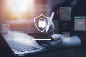 Cyber security and Security password login online concept Hands typing and touch ID username and password of social media, log in with computer to online Important information, data protection hacker photo