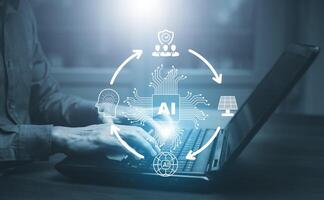 Programmer people working laptops or smartphones with AI, artificial intelligence software engineer coding on laptop computers with technology icons and binary code, big data, Ai bot digital machine photo