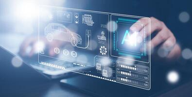 Industrial Engineer and AI, Artificial Intelligence concept, Manager Technical Industrial Engineer people and control robotics with monitoring system software and icon industry, Car EV technology photo