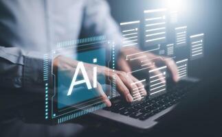 Programmer people working laptops or smartphones with AI, artificial intelligence software engineer coding on laptop computers with technology icons and binary code, big data, Ai bot digital machine photo