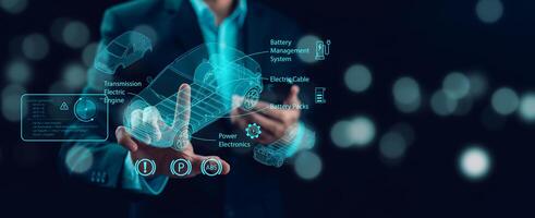 Industrial Engineer and AI, Artificial Intelligence concept, Manager Technical Industrial Engineer people and control robotics with monitoring system software and icon industry, Car EV technology photo