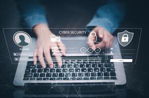 Cyber security and Security password login online concept Hands typing and touch ID username and password of social media, log in with computer to online Important information, data protection hacker photo