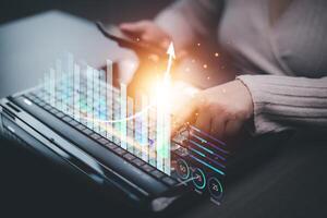 Working Data Analytics and Data Management Systems and Metrics connected to corporate strategy database for Finance, Intelligence, Business Analytics with Key Performance Indicators, social network photo