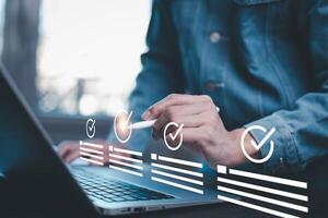 checklist and clipboard task documentation management, business people working laptop checklist questionnaire assessment form, online survey online exam Choosing the right answer in the exam photo