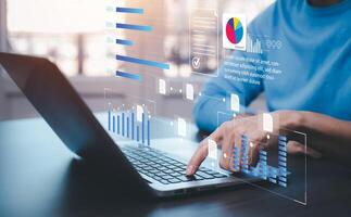 Working Data Analytics and Data Management Systems and Metrics connected to corporate strategy database for Finance, Intelligence, Business Analytics with Key Performance Indicators, social network photo