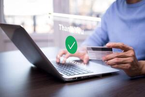 Online payment with digital marketing, Smartphone with banking online bill payment Approved concept button, credit card and network connection icon on business technology virtual screen background photo