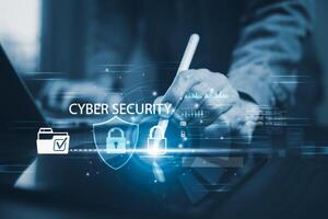 Cyber security and Security password login online concept Hands typing and touch ID username and password of social media, log in with computer to online Important information, data protection hacker photo