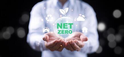 hand with icons Net Zero and carbon neutral concept in the hand with icons, natural and environment concept photo