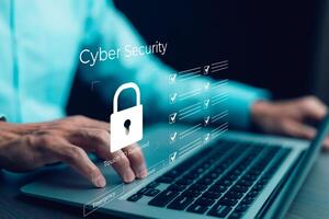 Cyber security and Security password login online concept Hands typing and touch ID username and password of social media, log in with computer to online Important information, data protection hacker photo