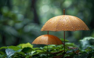 Two Umbrellas In A Rain-Soaked Forest. Two brown umbrellas stand tall amidst a lush, green forest during a rainstorm. photo