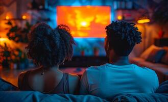 Couple Watching Television At Night. A couple sits on a couch, facing a television, watching something on the screen. photo