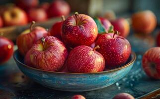 Red Apples in a Blue Bowl. A close-up view of a bowl filled with red apples, illuminated by natural light. photo