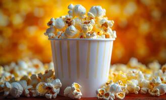 Buttered Popcorn in a Striped Cup. A close-up of a white paper cup overflowing with freshly popped popcorn. photo