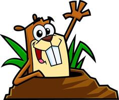 Cute Marmot Cartoon Character Emerging From A Hole And Waving vector