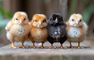 Four Baby Chicks Standing in a Row. Four baby chicks, one black and three yellow, stand in a row on a wooden surface. photo