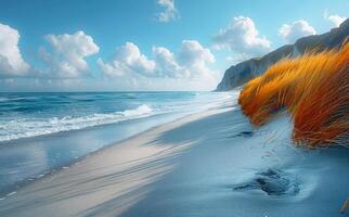 Sandy Beach With Grass and Cliffs. A beautiful sandy beach with blue waves lapping at the shore, backed by a grassy cliff and blue skies. photo