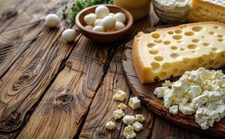 Swiss Cheese, Cottage Cheese, and Eggs on Wooden Table photo