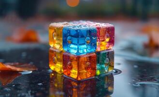 Colorful Cubes in Wet Pavement. A close-up shot of colorful cubes sitting in a puddle of water on wet pavement. photo