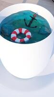 A white mug standing on the desktop. Design. An interesting still life made in animation where water is poured in a mug, a red lifeline and a black anchor. video
