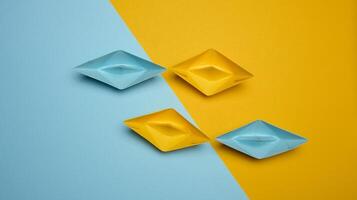 Paper boats on a yellow background, top view, representing the concept of unity and achieving common goals. photo