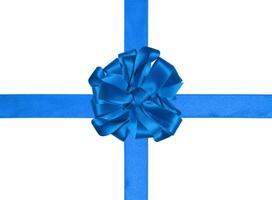 Blue ribbon with a cross and a bow on an isolated backgroun photo