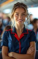 Smiling Flight Attendant Onboard Airplane photo
