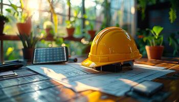 Construction Helmet on Blueprint With Solar Panel. A yellow construction helmet sits on a blueprint with a solar panel in the background photo