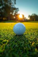 Golf Ball on Green at Sunset. A close-up of a white golf ball resting on a green putting green, with the setting sun creating a warm glow in the background. photo
