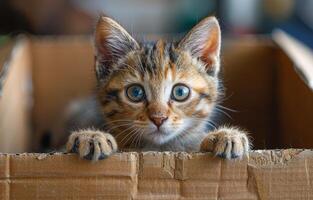 Kitten Peeking From Cardboard Box. A cute tabby kitten with blue eyes peeks out of a cardboard box, looking directly at the camera. photo