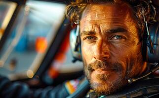 A man wearing a headset and goggles is sitting in a cockpit. He has a beard and is wearing a black jacket photo