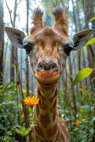 A giraffe is standing in a field of flowers, looking at the camera. The scene is peaceful and serene, with the giraffe being the main focus of the image photo