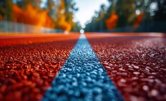 A blurry image of a red and blue line on a track. The image has a sense of motion and energy, as if someone is running or walking along the line photo