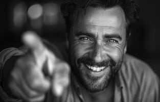 Smiling Man Pointing. A close-up portrait of a man smiling and pointing at the camera. photo