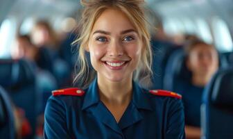 Smiling Flight Attendant On Airplane. A flight attendant smiles warmly at the camera while seated on an airplane. photo
