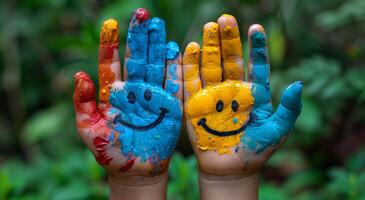 Painted Hands With Smileys in Nature. Two hands covered in colorful paint, each with a smiley face drawn on the palm. photo