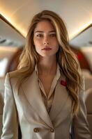 Beautiful young female executive is looking at camera while standing in the cabin of private jet. photo