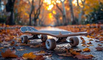 Skateboard on Autumn Path. A skateboard sits on a path covered in fallen leaves, with a blurred background of trees and a sunset sky. photo