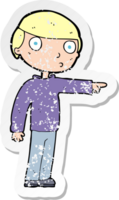 retro distressed sticker of a cartoon man pointing drawing png