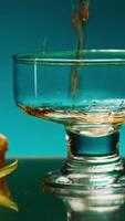 A bright illuminated still life. Stock clip . A beautiful roomy mug in which brandy is poured and small oranges and tangerines lie next to it. video