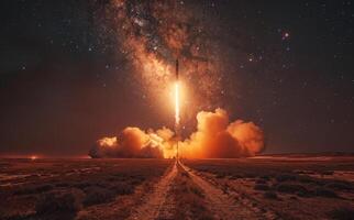 Rocket launching into space and milky way on the background photo