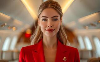 Beautiful young air hostess in red uniform is looking at camera while standing in the airplane photo