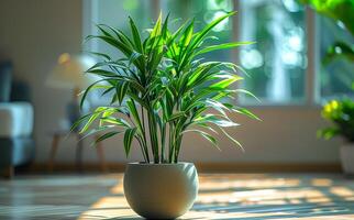 Green plant in pot is illuminated by sunlight coming through the window photo