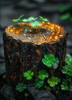 Tree stump is tree trunk with green sprout and clover leaves photo