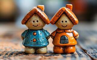 Two ceramic dolls are standing next to each other on wooden table. photo