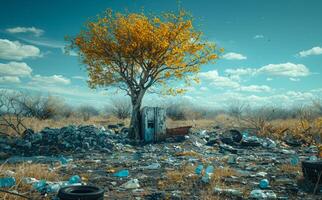 Tree grows in the middle of garbage dump. Abandoned car and rusty barrel. photo