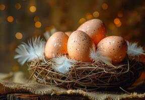 Easter eggs in nest on blurred background of golden bokeh photo