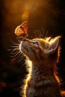 Cute little kitten plays with butterfly in summer in the park. photo